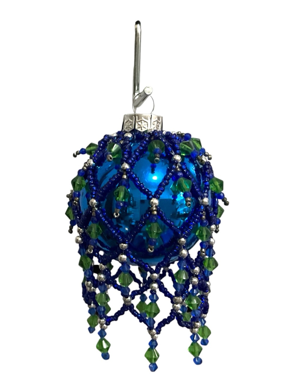 Handmade Beaded Christmas Ornament Cobalt Blue Color Ball Green & Blue Fringe 4”